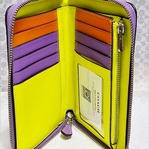 Coach Wallet Neon Colorblock ID Card Zip Bills Brown Purple Iris Sig CL684 Used